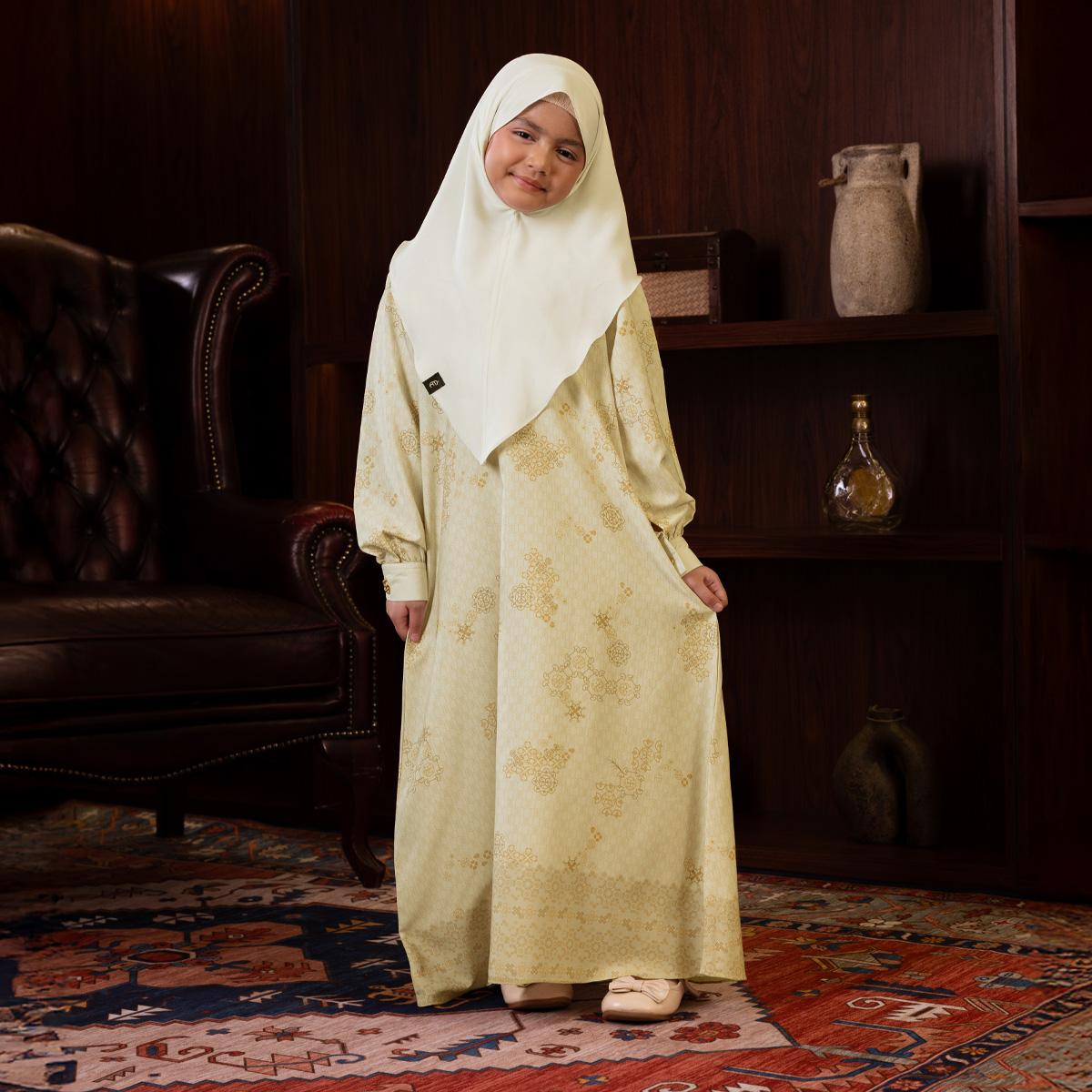 Raya Collection - Gerai Hawa Sanaya Gamis Dress Abaya Anak Perempuan one Set Include French Khimar Exclusive Motif Metamorphose - Light's Embrace Edition - Bayti Serenity
