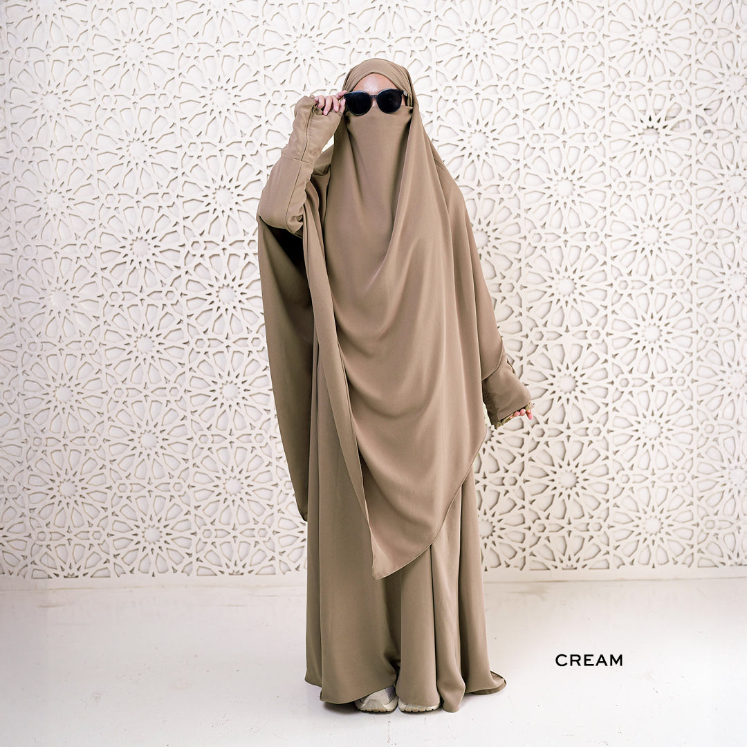 Gerai Hawa - Best Seller Praya Abaya Set French Khimar Syar’i Baju Akad/ Walimah Haji & Umroh Daily, Polos, Gamis Busui & Wudhu Friendly Bahan Mina Anti UV - Metamorfosa Collection