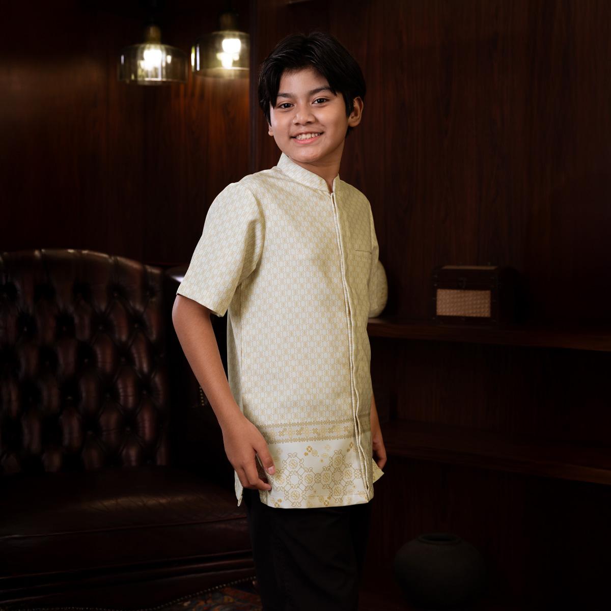 Raya Collection - Gerai Hawa Sael Kemeja Baju Koko Anak Laki-Laki Exclusive Motif Metamorphose - Light's Embrace Edition - Bayti Serenity