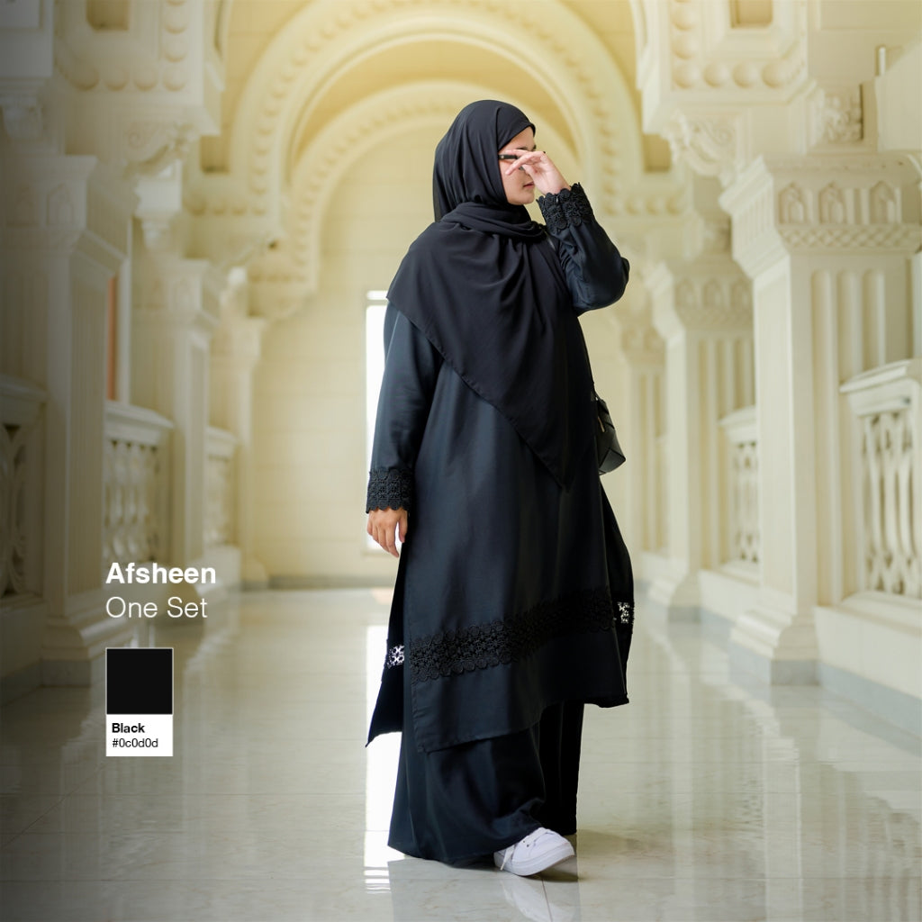 Gerai Hawa - Afsheen Tunik & Rok (Tanpa Hijab/ Jilbab) Renda Hitam One Set Wanita Kajian Muslimah