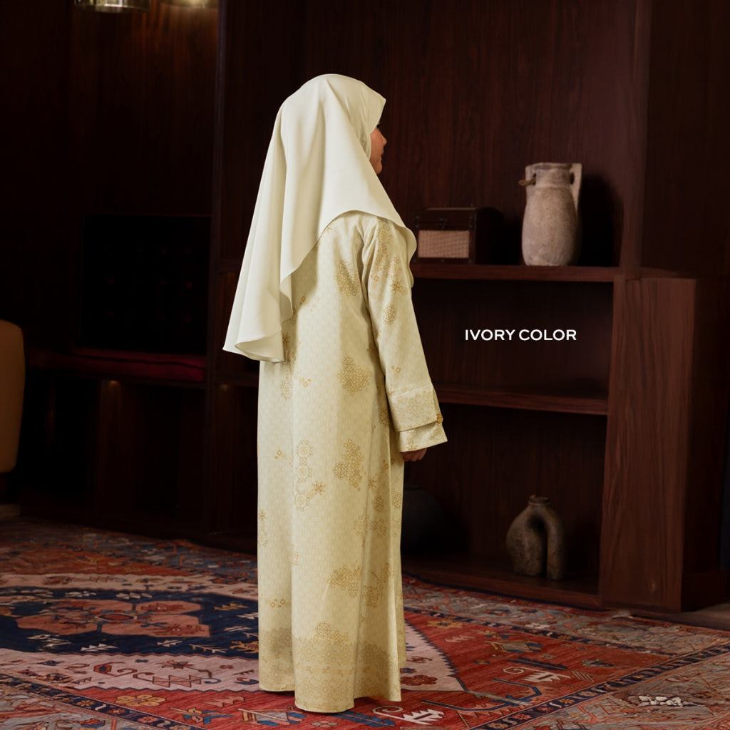 Raya Collection - Gerai Hawa - Tazura Gamis Dress Abaya Anak Perempuan Set French Khimar Exclusive Motif Metamorphose - Light's Embrace Edition - Bayti Serenity