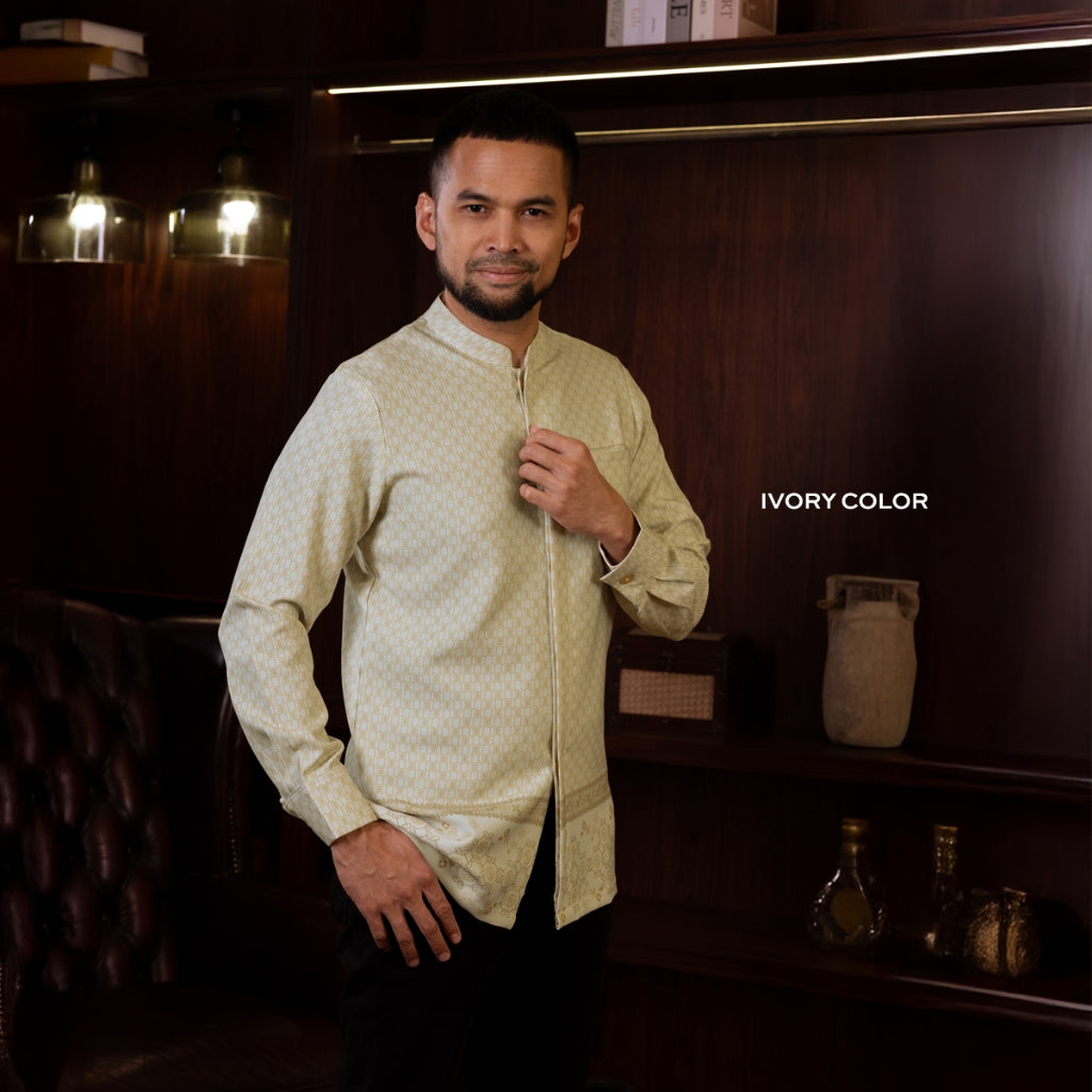 Raya Collection - Gerai Hawa - Tameez Kemeja Pria Baju Koko Exclusive Motif Metamorphose - Light's Embrace Edition - Bayti Serenity